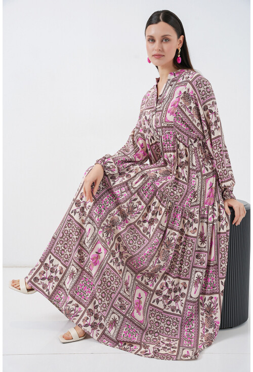 Kadın Desenli Uzun Tesettür Elbise 2585