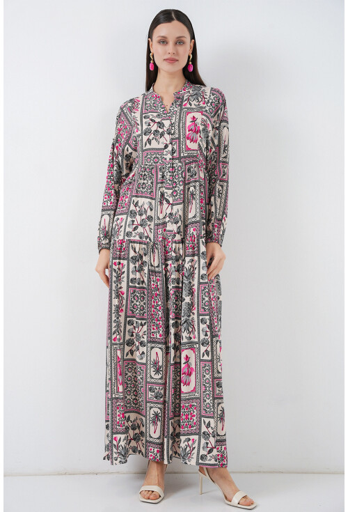 Kadın Desenli Uzun Tesettür Elbise 2585
