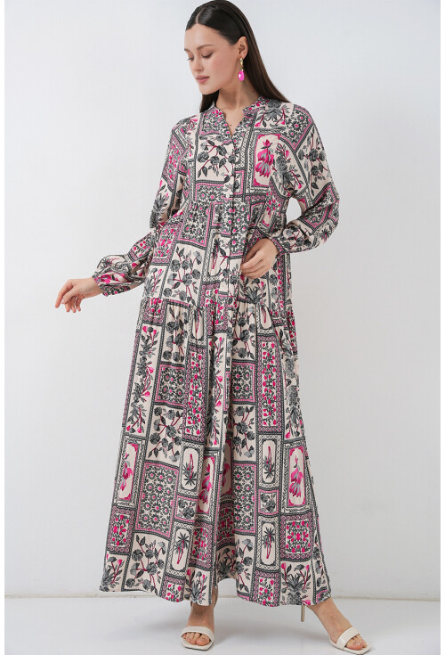 Kadın Desenli Uzun Tesettür Elbise 2585