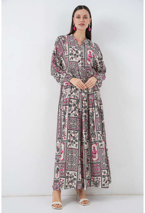 Kadın Desenli Uzun Tesettür Elbise 2585