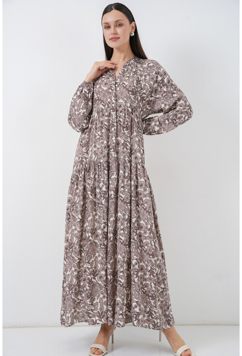 Kadın Desenli Uzun Tesettür Elbise 2585