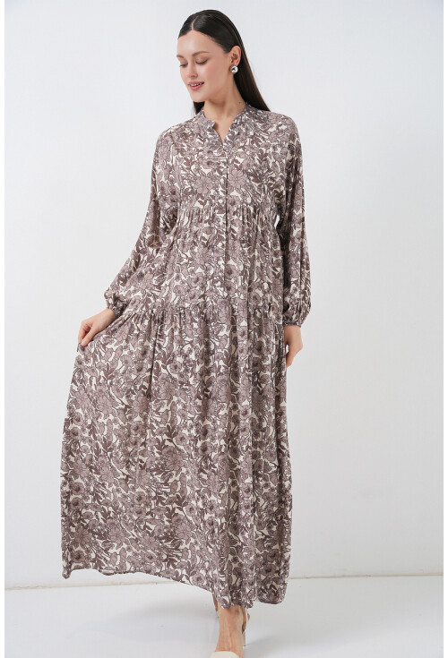 Kadın Desenli Uzun Tesettür Elbise 2585