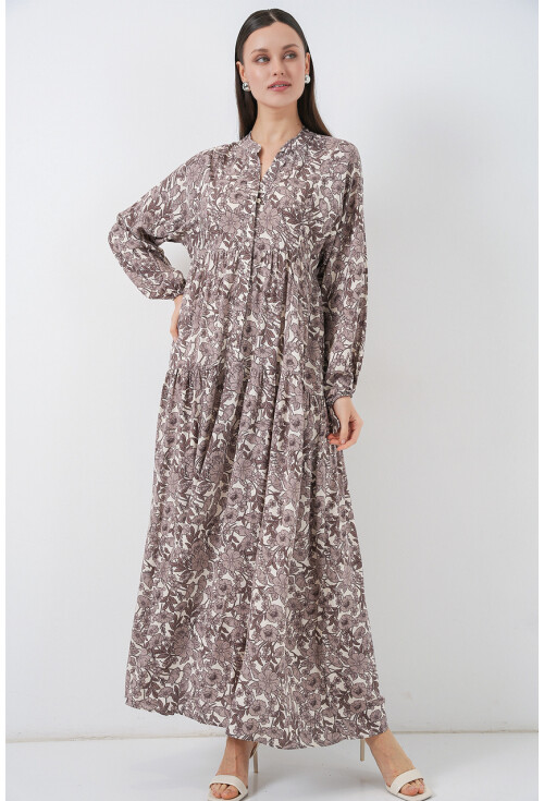 Kadın Desenli Uzun Tesettür Elbise 2585