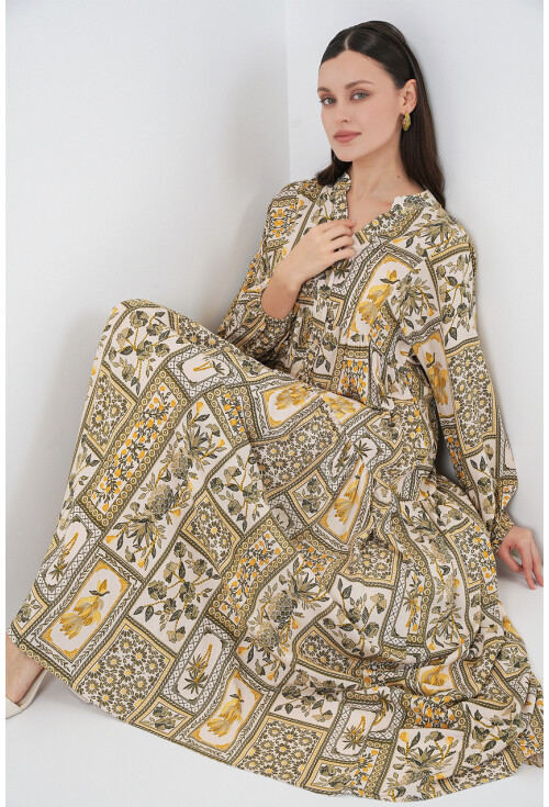 Kadın Desenli Uzun Tesettür Elbise 2585