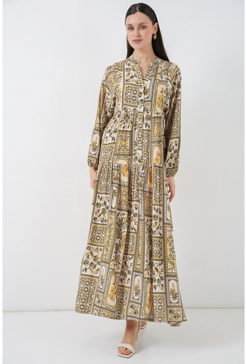 Kadın Desenli Uzun Tesettür Elbise 2585