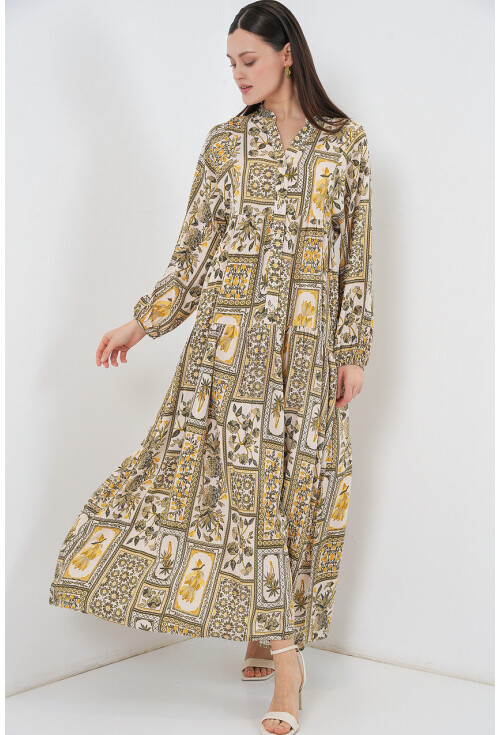 Kadın Desenli Uzun Tesettür Elbise 2585