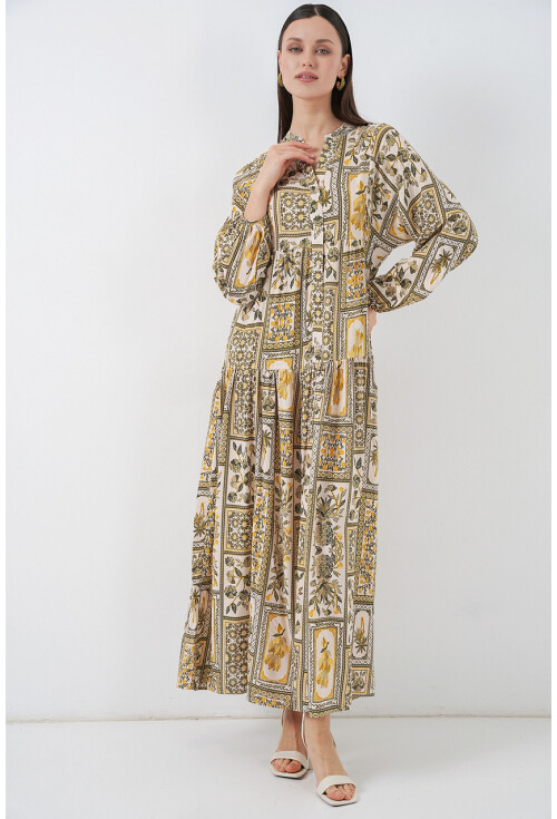 Kadın Desenli Uzun Tesettür Elbise 2585