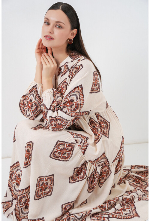 Kadın Desenli Uzun Tesettür Elbise 2585