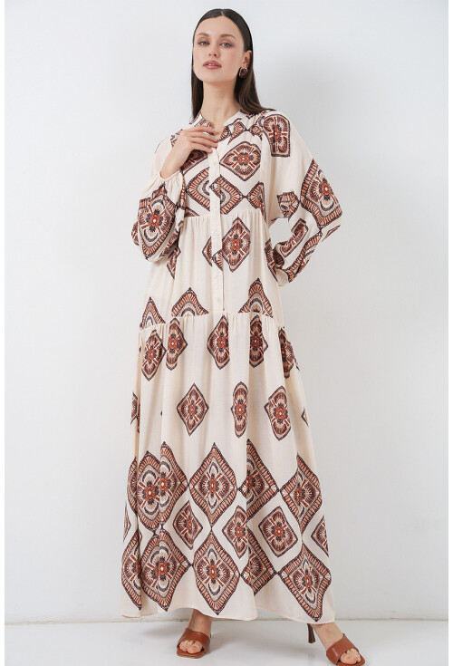 Kadın Desenli Uzun Tesettür Elbise 2585