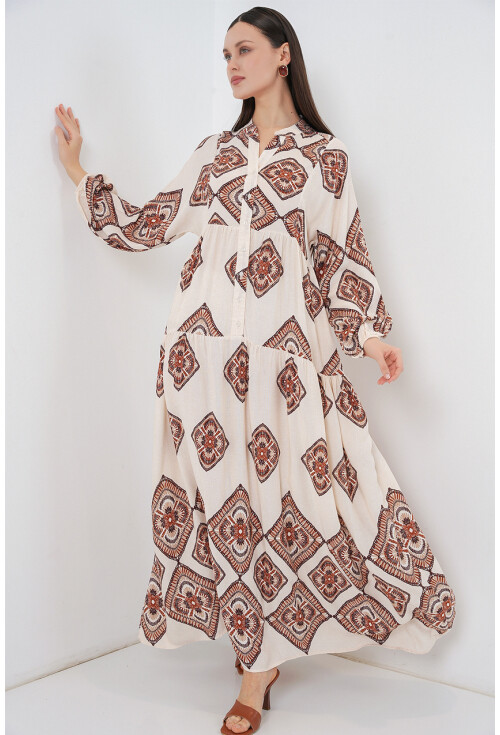 Kadın Desenli Uzun Tesettür Elbise 2585