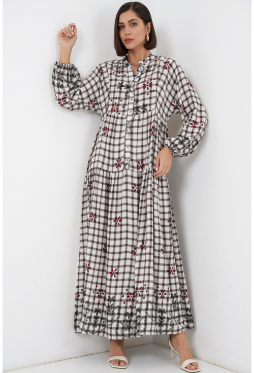 Kadın Desenli Uzun Tesettür Elbise 2585