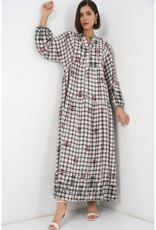 Kadın Desenli Uzun Tesettür Elbise 2585