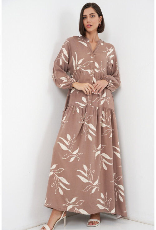 Kadın Desenli Uzun Tesettür Elbise 2585