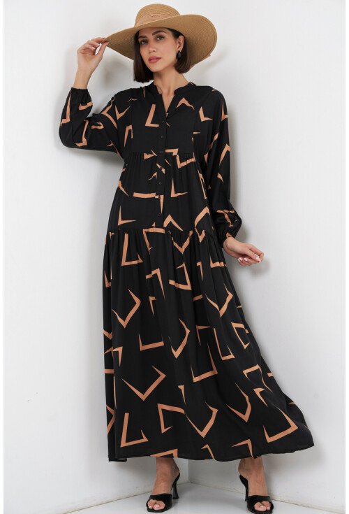 Kadın Desenli Uzun Tesettür Elbise 2585