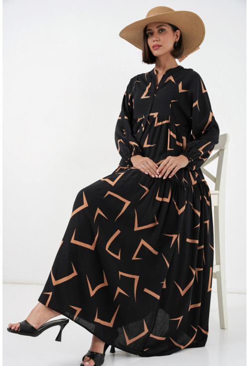 Kadın Desenli Uzun Tesettür Elbise 2585