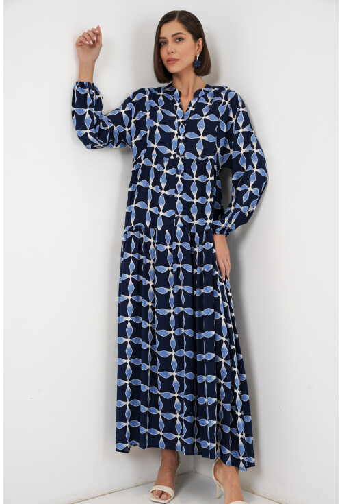 Kadın Desenli Uzun Tesettür Elbise 2585