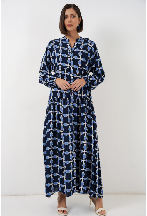 Kadın Desenli Uzun Tesettür Elbise 2585