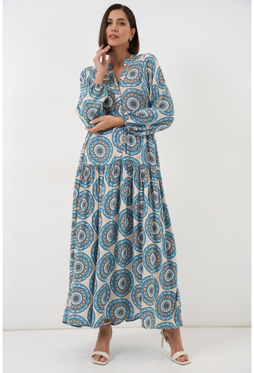 Kadın Desenli Uzun Tesettür Elbise 2585