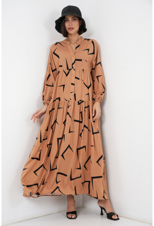 Kadın Desenli Uzun Tesettür Elbise 2585