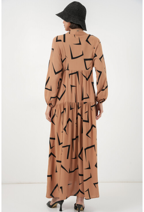 Kadın Desenli Uzun Tesettür Elbise 2585