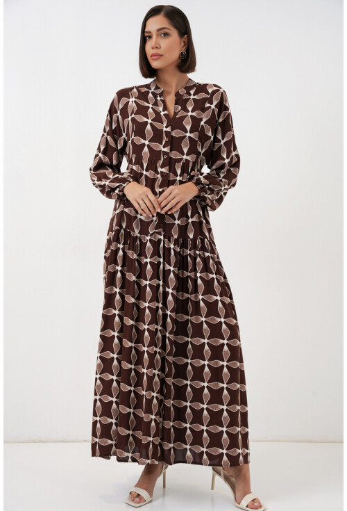 Kadın Desenli Uzun Tesettür Elbise 2585