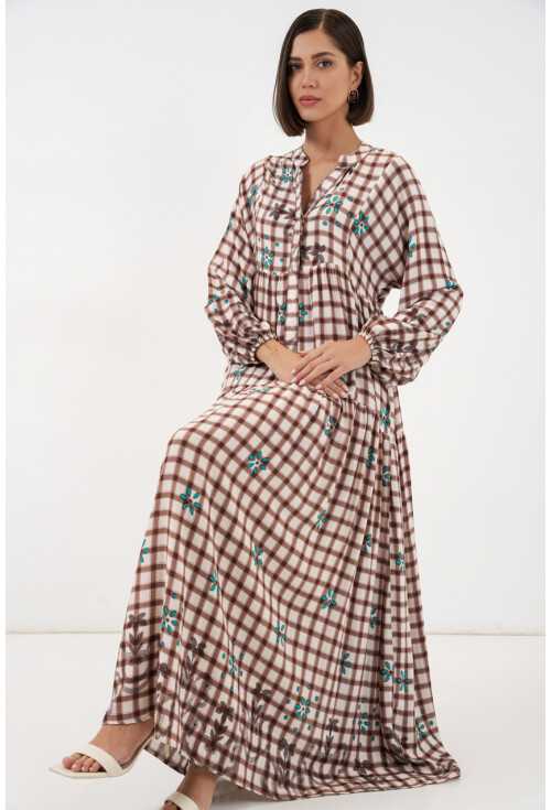 Kadın Desenli Uzun Tesettür Elbise 2585