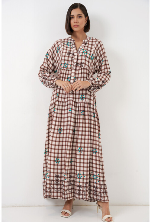 Kadın Desenli Uzun Tesettür Elbise 2585