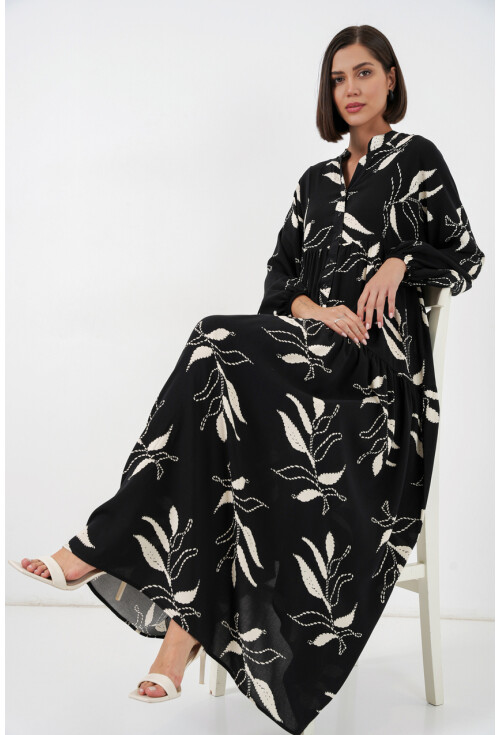 Kadın Desenli Uzun Tesettür Elbise 2585