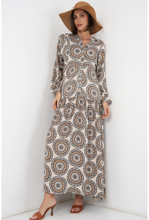 Kadın Desenli Uzun Tesettür Elbise 2585