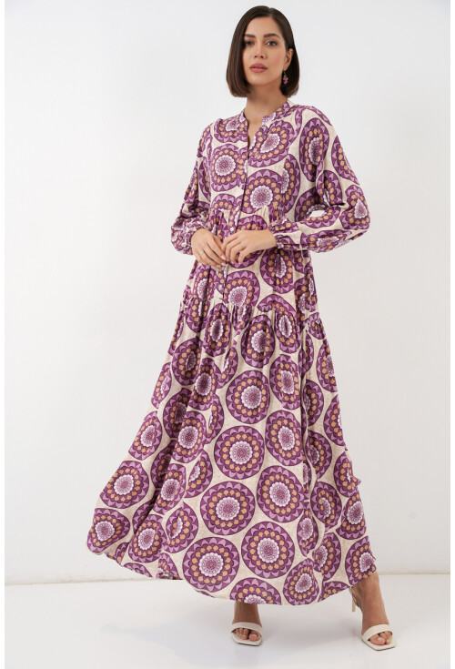 Kadın Desenli Uzun Tesettür Elbise 2585