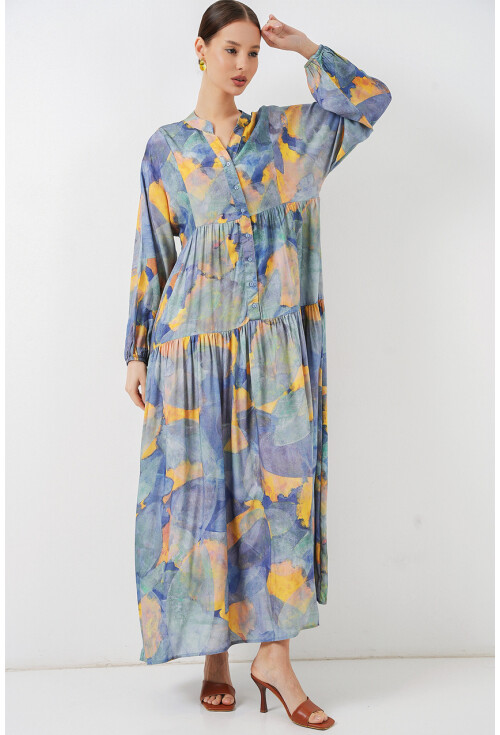 Kadın Desenli Uzun Tesettür Elbise 2585