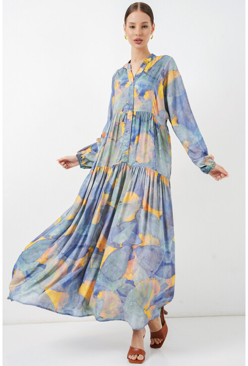 Kadın Desenli Uzun Tesettür Elbise 2585