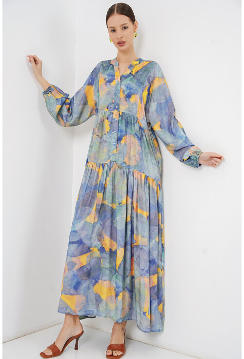 Kadın Desenli Uzun Tesettür Elbise 2585