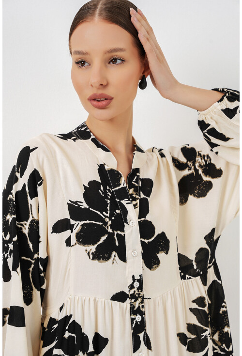 Kadın Desenli Uzun Tesettür Elbise 2585