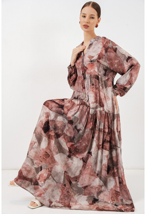 Kadın Desenli Uzun Tesettür Elbise 2585