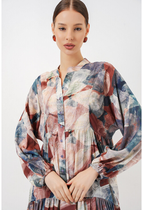 Kadın Desenli Uzun Tesettür Elbise 2585