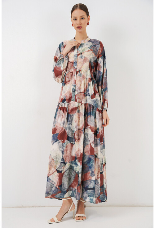 Kadın Desenli Uzun Tesettür Elbise 2585