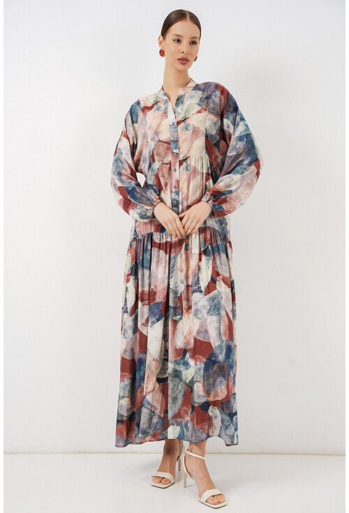 Kadın Desenli Uzun Tesettür Elbise 2585