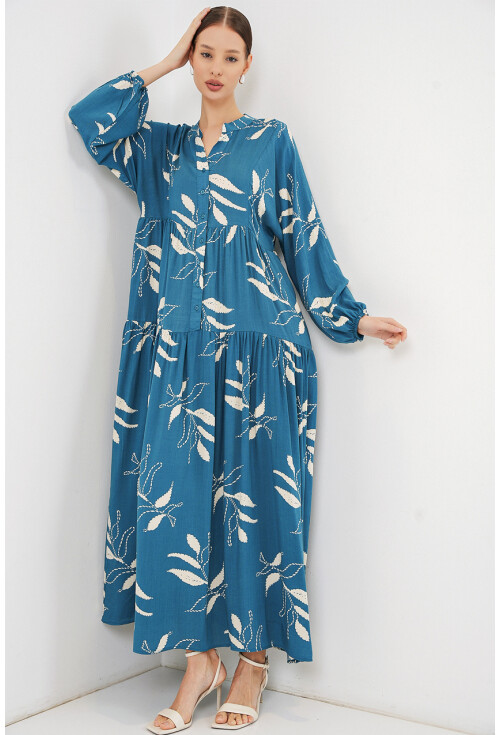 Kadın Desenli Uzun Tesettür Elbise 2585