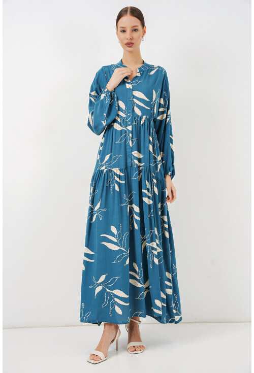 Kadın Desenli Uzun Tesettür Elbise 2585