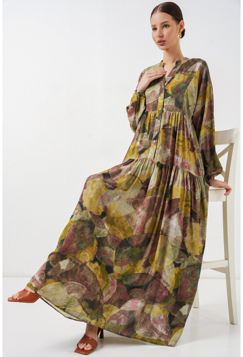 Kadın Desenli Uzun Tesettür Elbise 2585