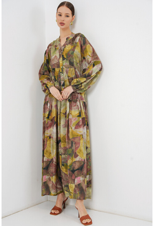 Kadın Desenli Uzun Tesettür Elbise 2585