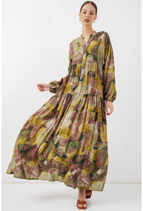 Kadın Desenli Uzun Tesettür Elbise 2585