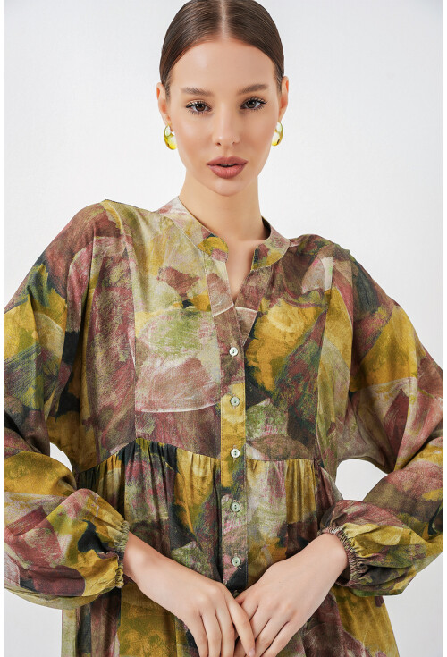 Kadın Desenli Uzun Tesettür Elbise 2585