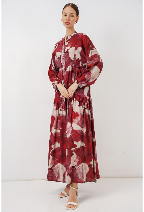 Kadın Desenli Uzun Tesettür Elbise 2585