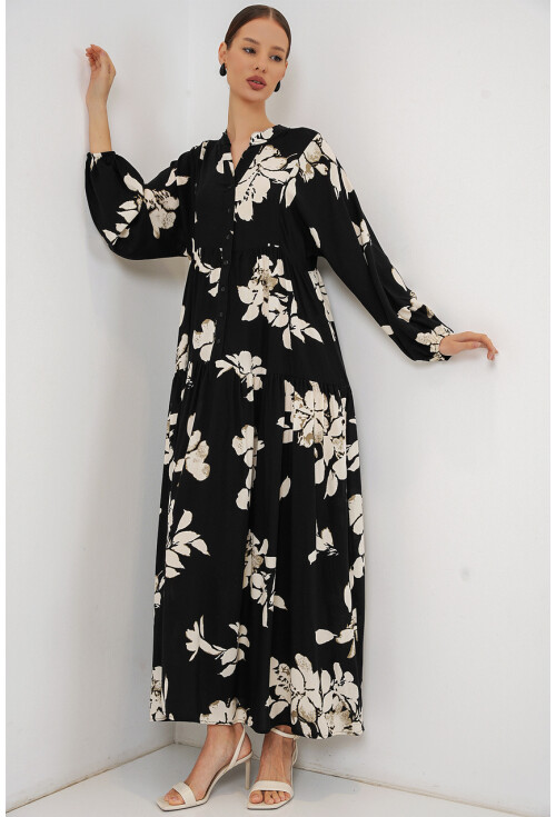 Kadın Desenli Uzun Tesettür Elbise 2585