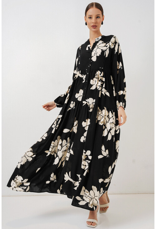 Kadın Desenli Uzun Tesettür Elbise 2585