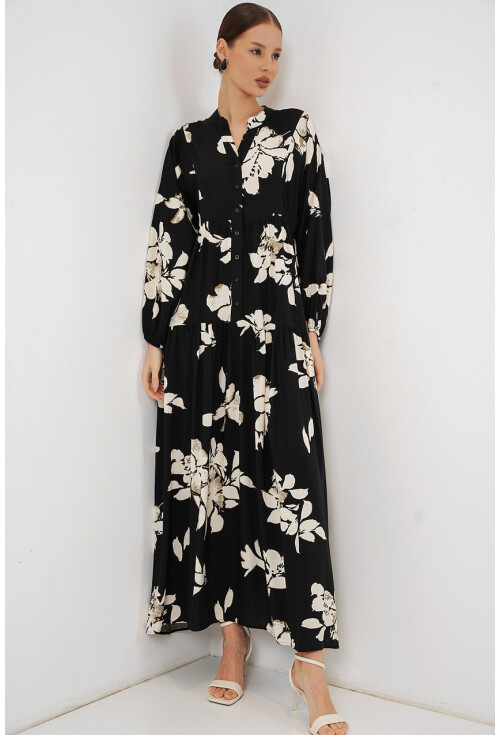 Kadın Desenli Uzun Tesettür Elbise 2585