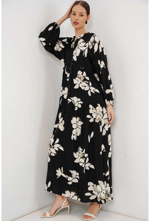 Kadın Desenli Uzun Tesettür Elbise 2585