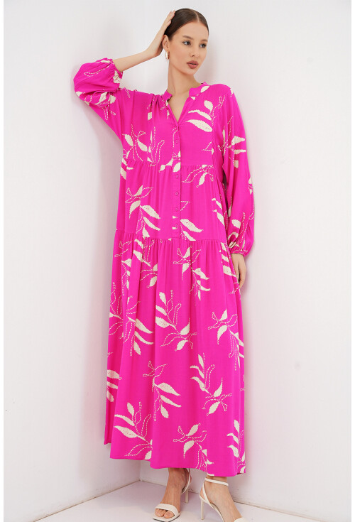 Kadın Desenli Uzun Tesettür Elbise 2585